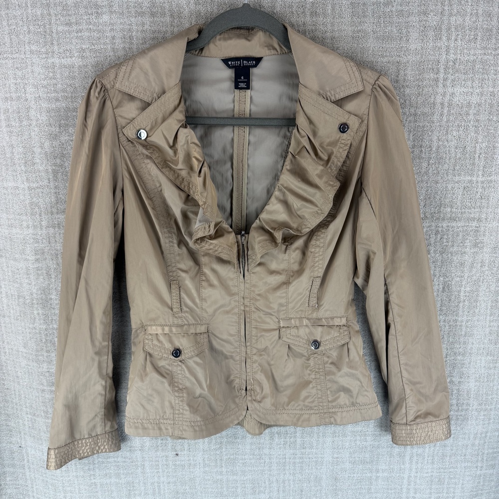 White House Black Market Blouse Womens 6 Beige Ruffle Zip Lightweight Nylon